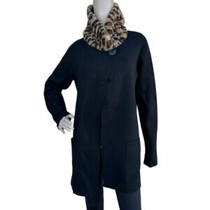 JNY Jones New York Black Knit Faux Fur Removable Collar One Button Cardigan L